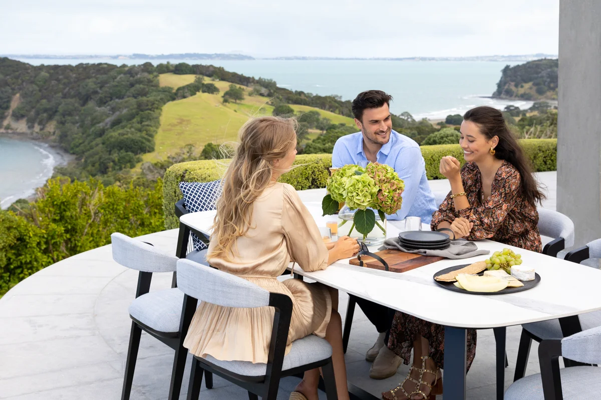 Outdoor dining table and chairs from European brands, designed for various price points.