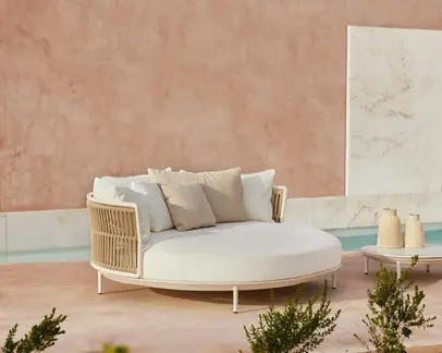 Amba Daybed with woven rope backrest in Mineral White finish.