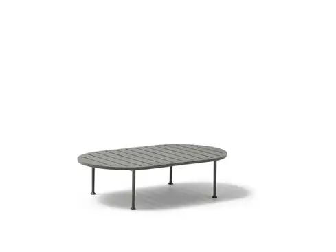 Wide studio shot of the CURIO Coffee Table with oval aluminium frame and sleek top.