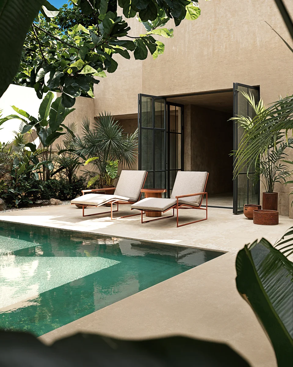 Atmosphera Pipe sun loungers positioned beside a courtyard pool