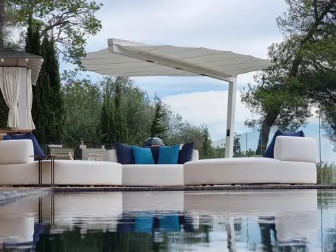 HEATSAIL LEAF outdoor shade system with integrated heating, misting, and lighting