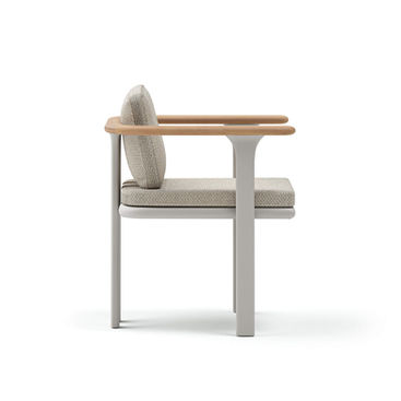 BLISS Dining Armchair – aluminium dining chair with teak armrests side view in Gesso grey