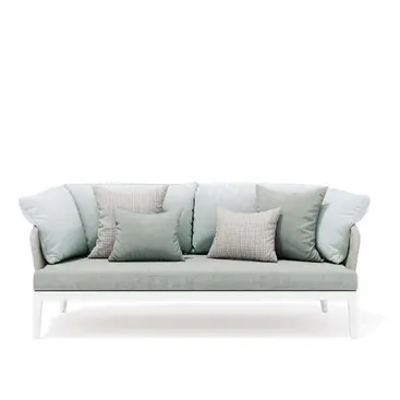 Studio shot of the DREAM Sofa by Atmosphera, an outdoor sofa with rope-woven backrest and plush cushions.