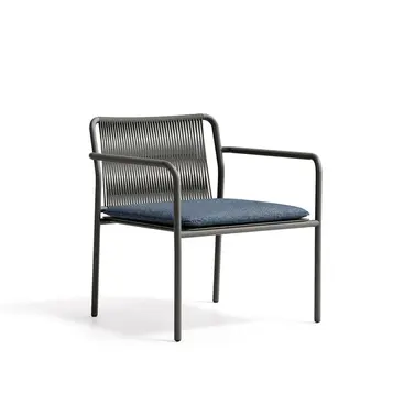 Studio product shot of AIR outdoor Armchair with hand-woven rope backrest and aluminium frame