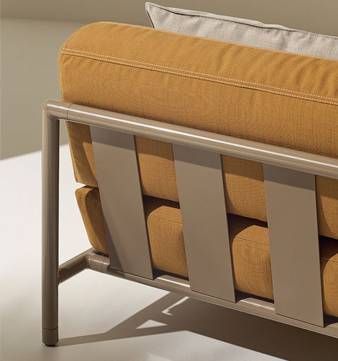 ETHIMO LODGE outdoor sofa back detail with metal frame and cushions