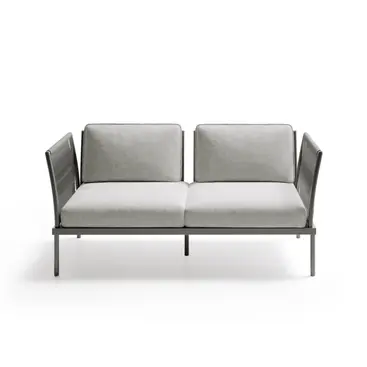 Studio shot of the FLASH outdoor 2-seater sofa with hand-woven rope sides and cushions.