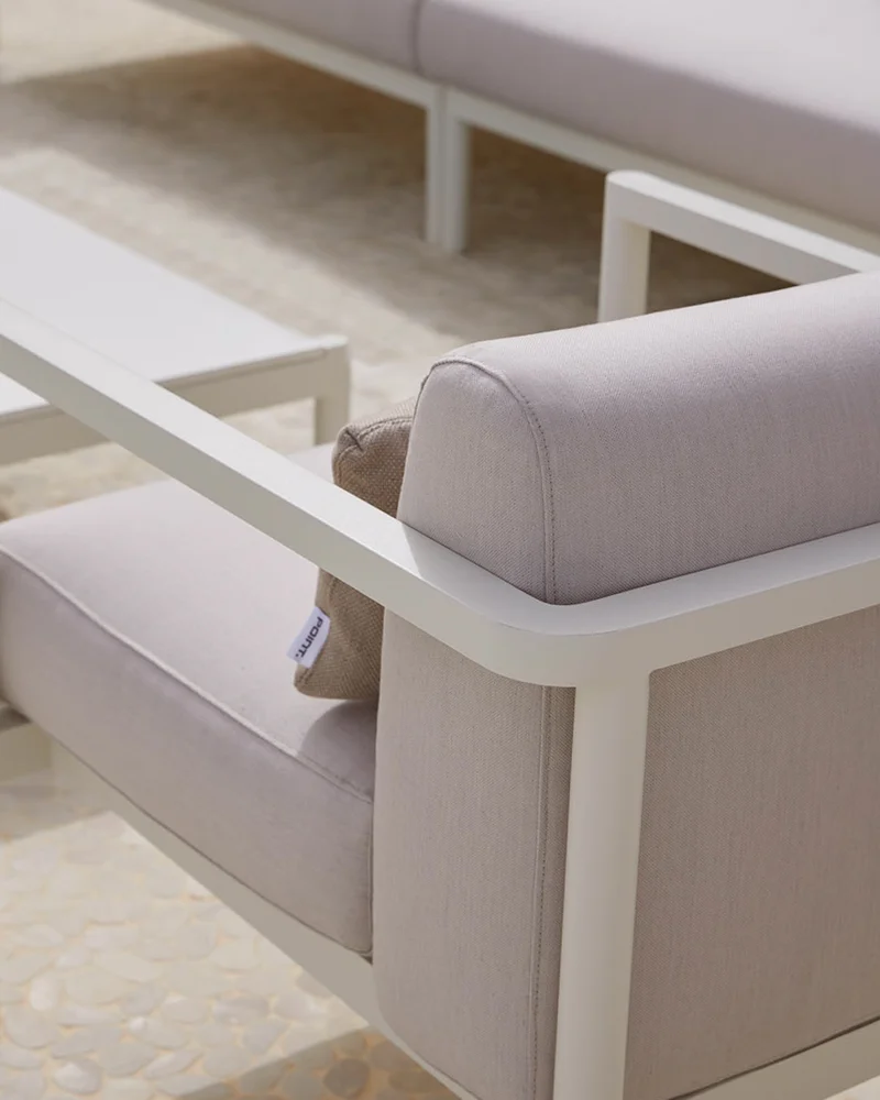 Close-up of Origin sofa with powder-coated aluminium frame, ideal for outdoor furniture NZ.