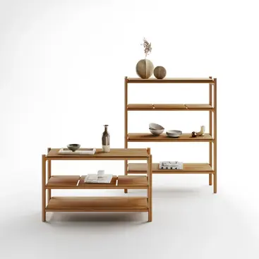PANAMA Outdoor Console – Studio product shot of sculptural teak console with open shelving.