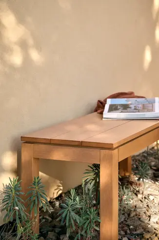 KUBIK outdoor bench in TechTeak with compact proportions and weather-resistant design