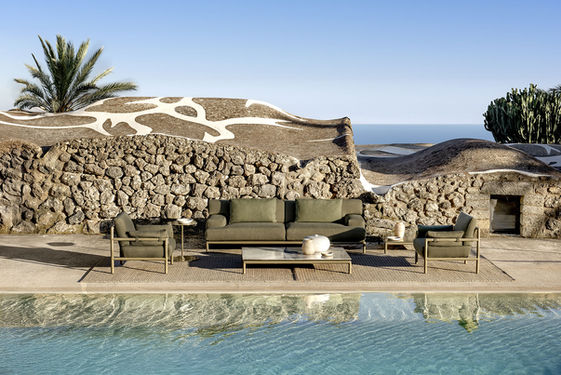 ETHIMO LODGE outdoor collection with sofa armchairs and coffee table by pool