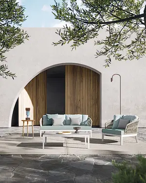 DREAM outdoor sofa with hand‑woven rope backrest, powder‑coated aluminium frame, and plush quick‑dry cushions.