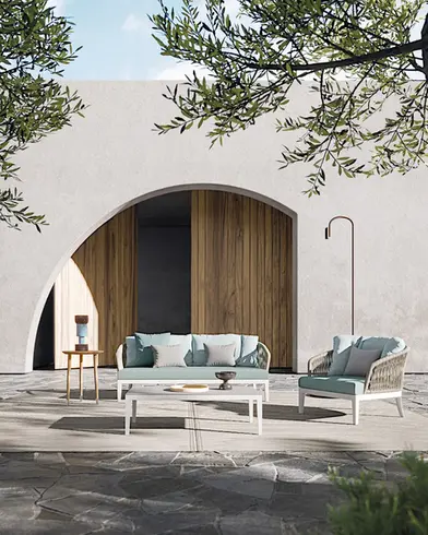DREAM outdoor sofa with hand‑woven rope backrest, powder‑coated aluminium frame, and plush quick‑dry cushions.