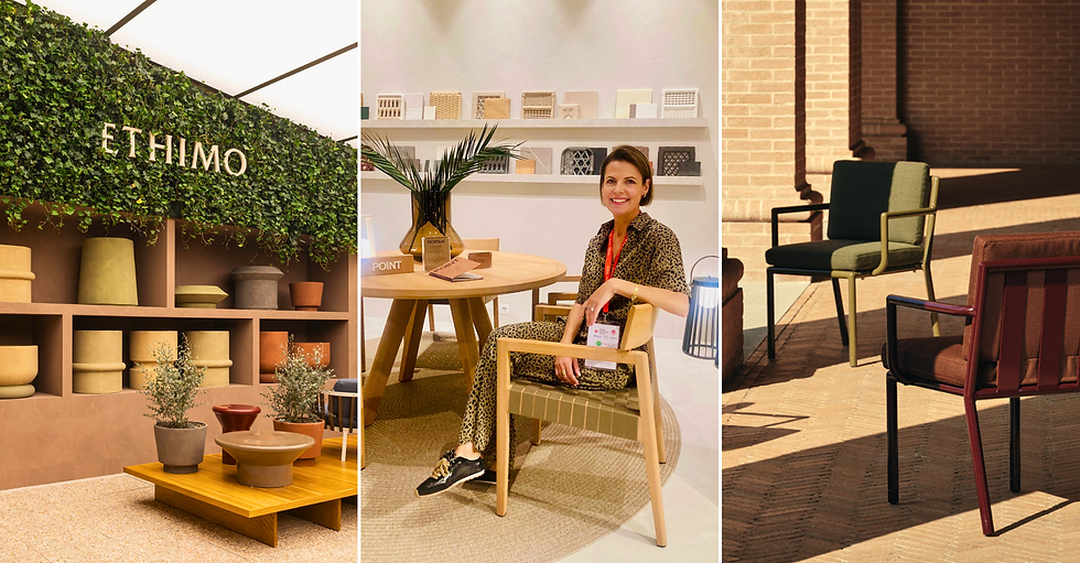 Kristina from Wolf & South at Milan Design Week, seated among European outdoor furniture displays with Ethimo collections.