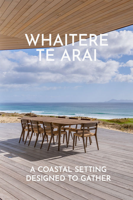 Point Paralel dining setting overlooking the coast at Whaitere, Te Arai