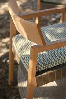 KUBIK dining armchair in TechTeak with woven strap seat designed for outdoor dining use