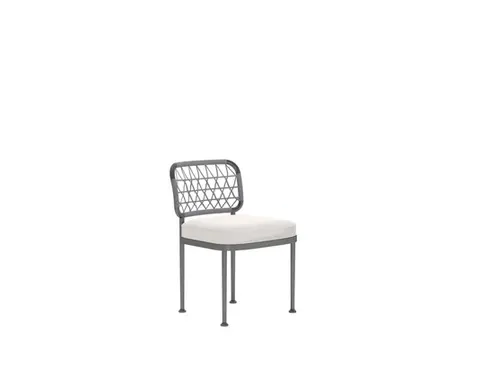 Wide studio shot of the CURIO Dining Chair with braided rope backrest and cushioned seat.