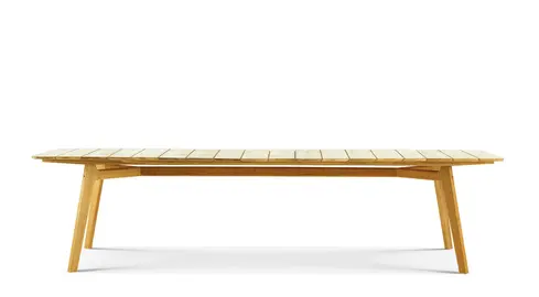 KNIT XL outdoor dining table in teak photographed in studio setting