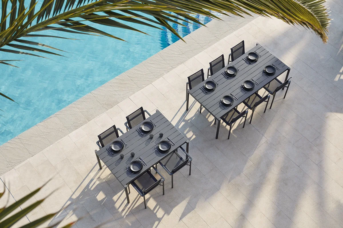 Outdoor dining table and chairs from European brands, designed for various price points.