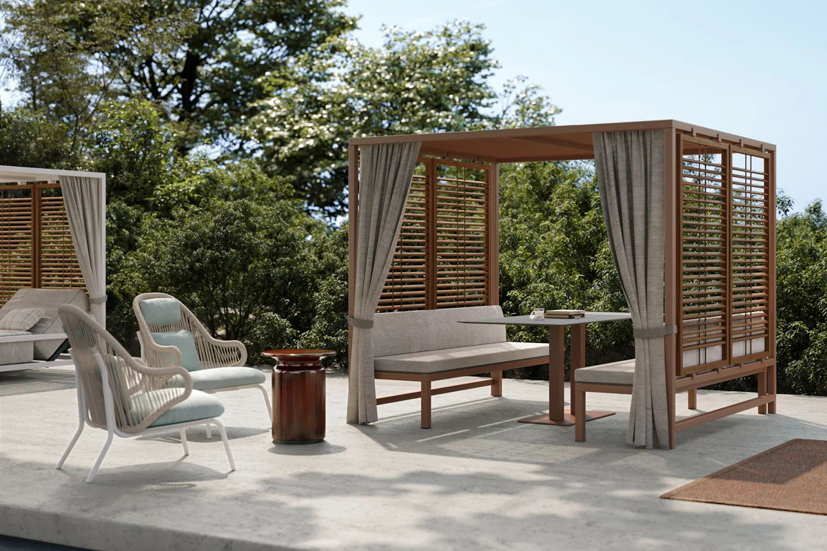 Alcova Collection dining setup, offering shaded protection in an elegant outdoor design.