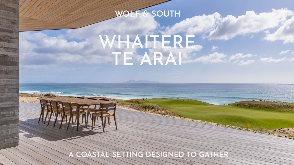 Point Paralel dining setting overlooking the coast at Whaitere, Te Arai