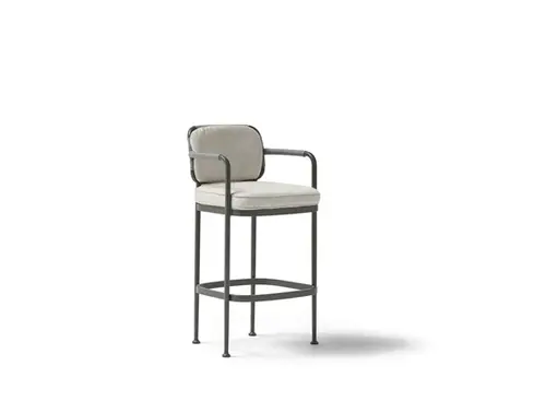 Wide studio shot of the CURIO Bar Stool with braided rope backrest and cushioned seat.