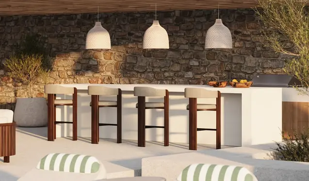 ZANTE Barstool at a private terrace bar in a high-end residential setting, highlighting elevated outdoor style.