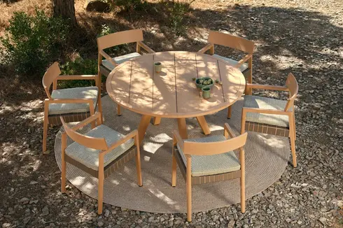 KUBIK dining armchair in TechTeak with woven strap seat designed for outdoor dining use