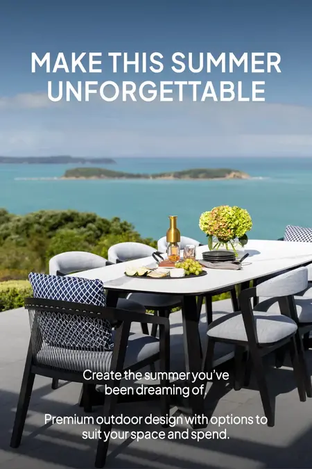 Premium outdoor dining table and chairs in New Zealand residential coastal setting. 