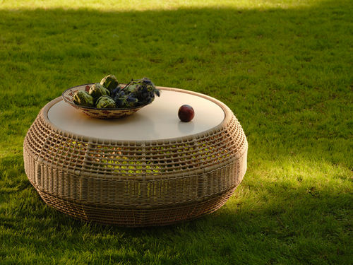 Natural linen ESCALA Coffee Table styled on a garden lawn