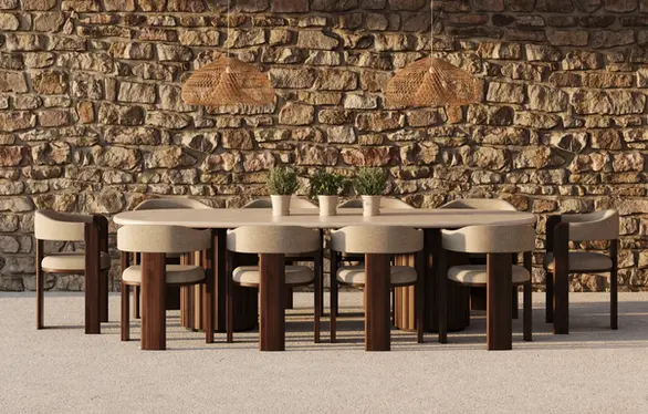ZANTE Dining Chair arranged around a sleek patio table in a sophisticated residential setting, offering ergonomic comfort.
