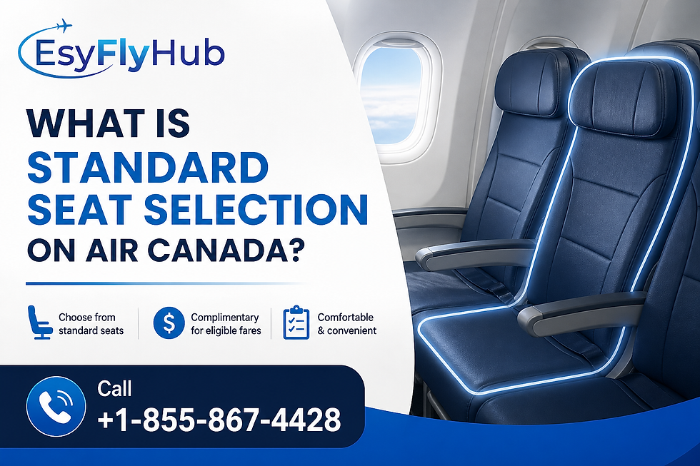 Airplane seats with blue accents, window view. Text: "What is standard seat selection on Air Canada?" Contact: +1-855-867-4428.