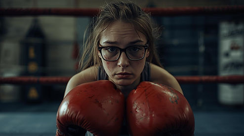 A gritty film a girl sitting wearing glasses beaten up wearing boxing gloves.jpg