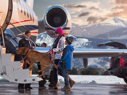 People and a dog board a private jet on a snowy tarmac. A mountain backdrop is visible under a cloudy sky. A car is parked nearby.