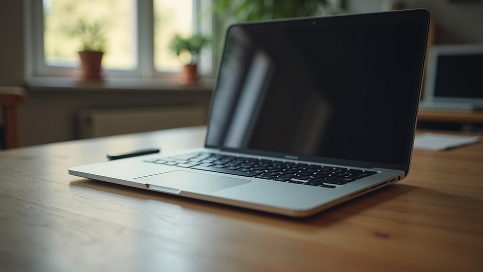 Eye-level view of a refurbished laptop on a wooden desk