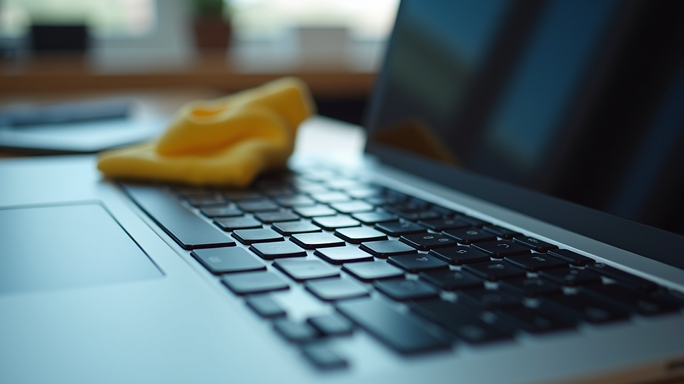 Close-up view of a laptop keyboard and screen being cleaned