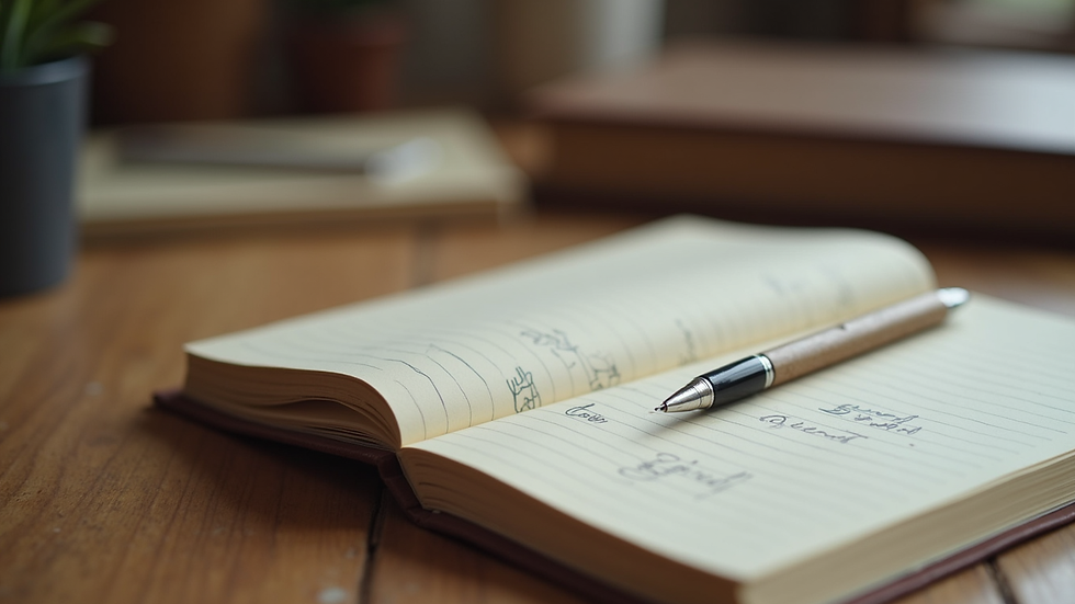 Close-up view of a travel journal with notes and a pen on a wooden table