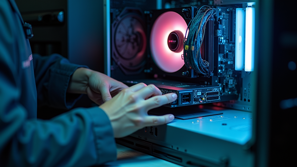 Close-up of a technician installing a computer component inside a desktop PC