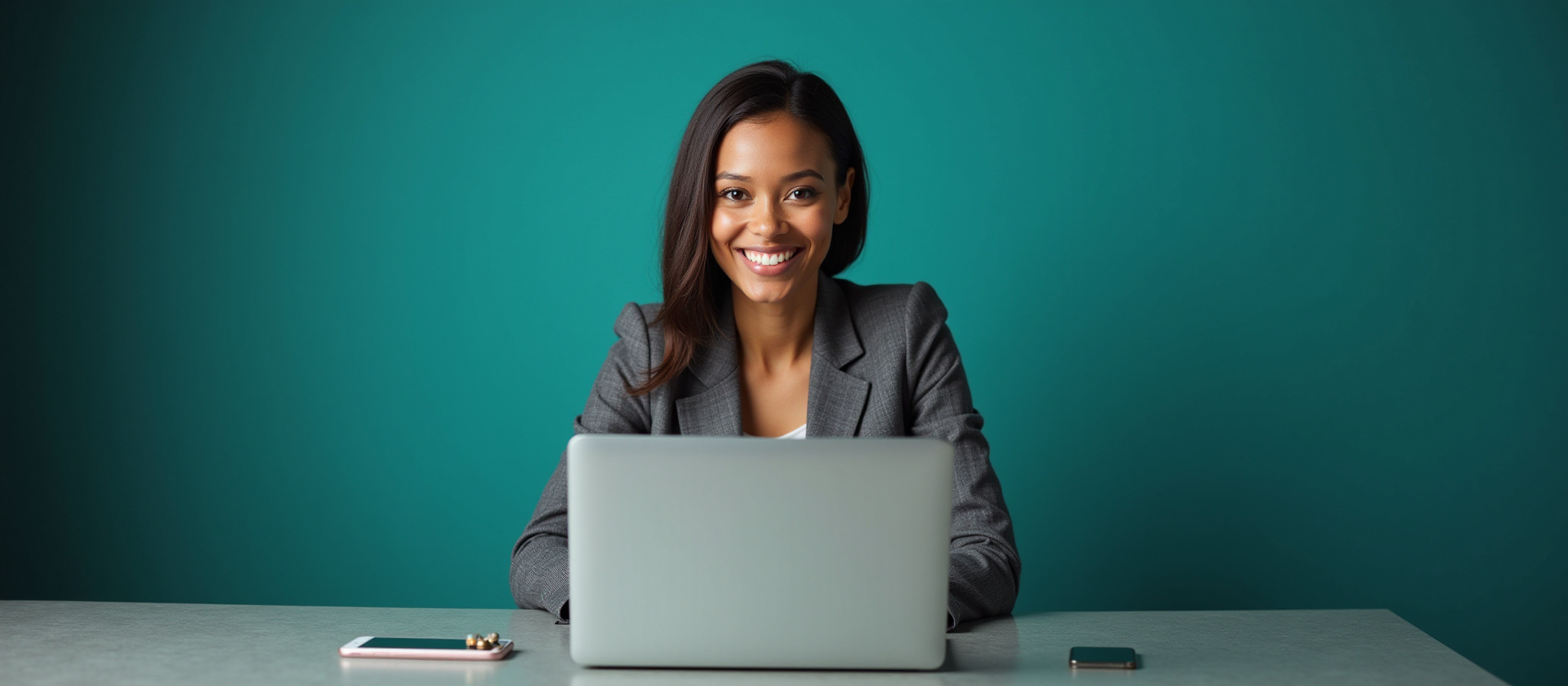 Intelligent, beautiful, creative business woman sits behind laptop, smiling. Other mobile devices are on the desk.