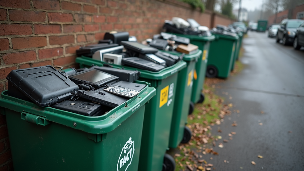 High angle view of a community e-waste collection event with bins for electronics