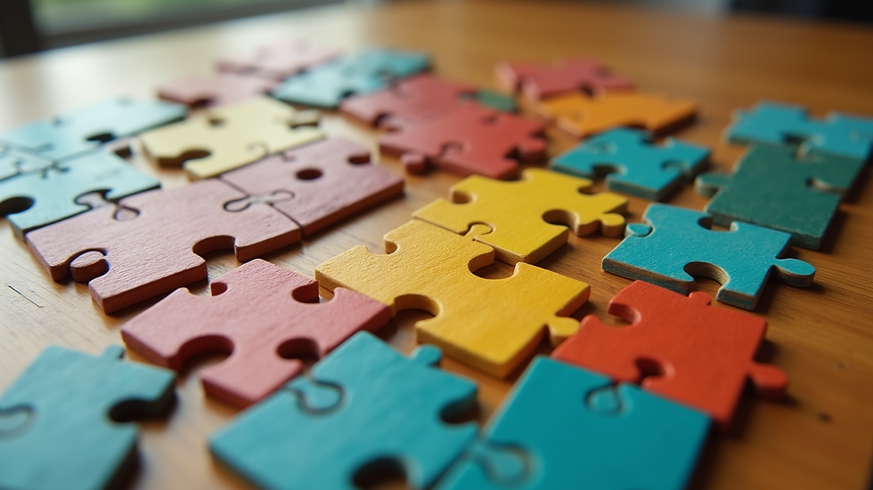 High angle view of a colorful wooden puzzle on a table