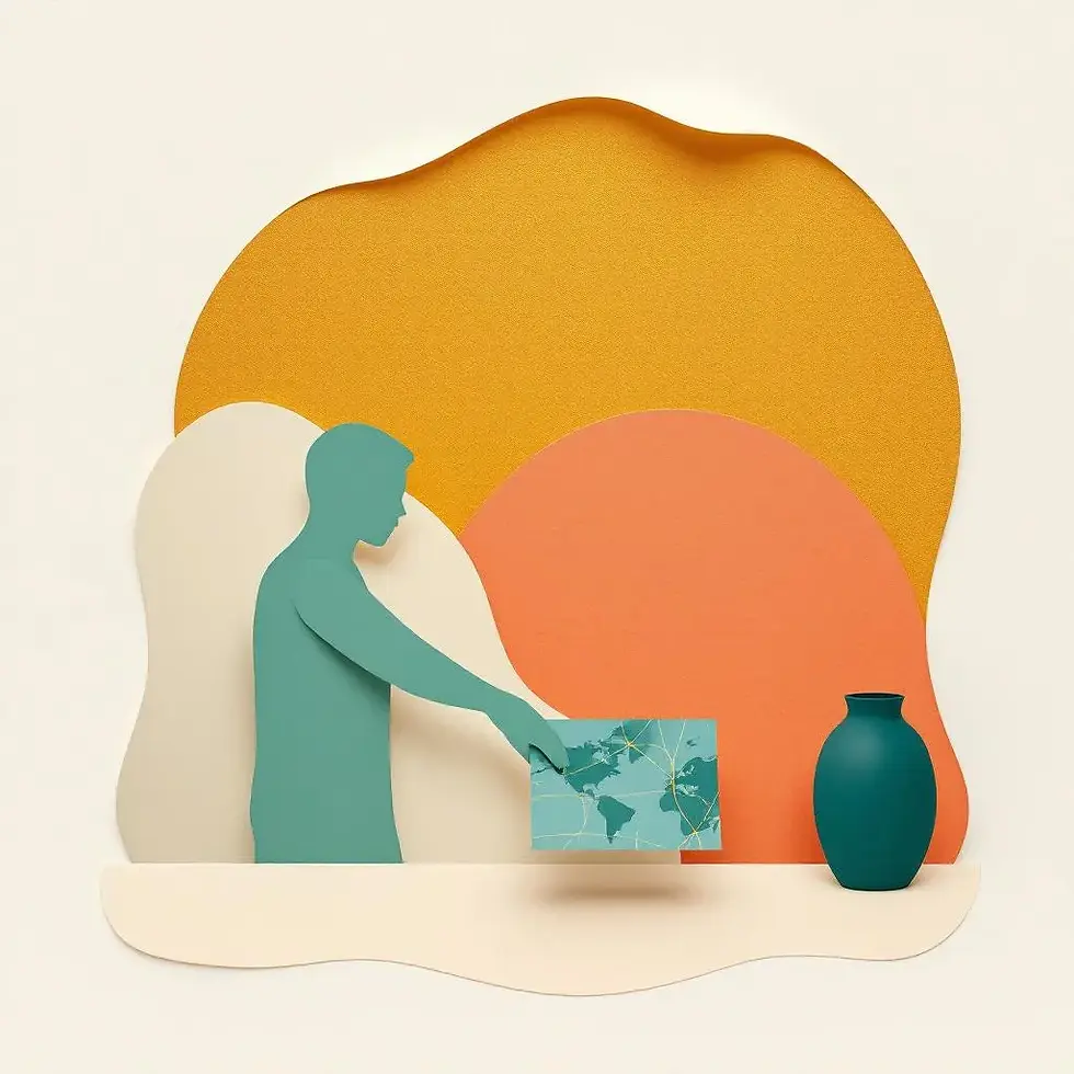 Human(s)e PILLAR, the cost of awareness, paper cutout figure setting a small map down on a cream table