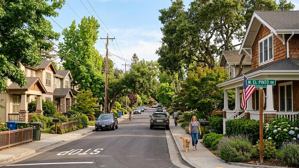 Eye-level view of a charming Danville neighborhood street with homes and trees