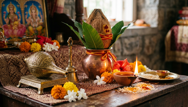 आँखों के स्तर से दिखता दृश्य में शंख, घंटी और कलश पूजा थाली के पास रखे हैं।