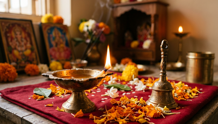 नज़दीकी दृश्य में पीतल का दीपक जल रहा है और उसके पास मंदिर की घंटी रखी है।