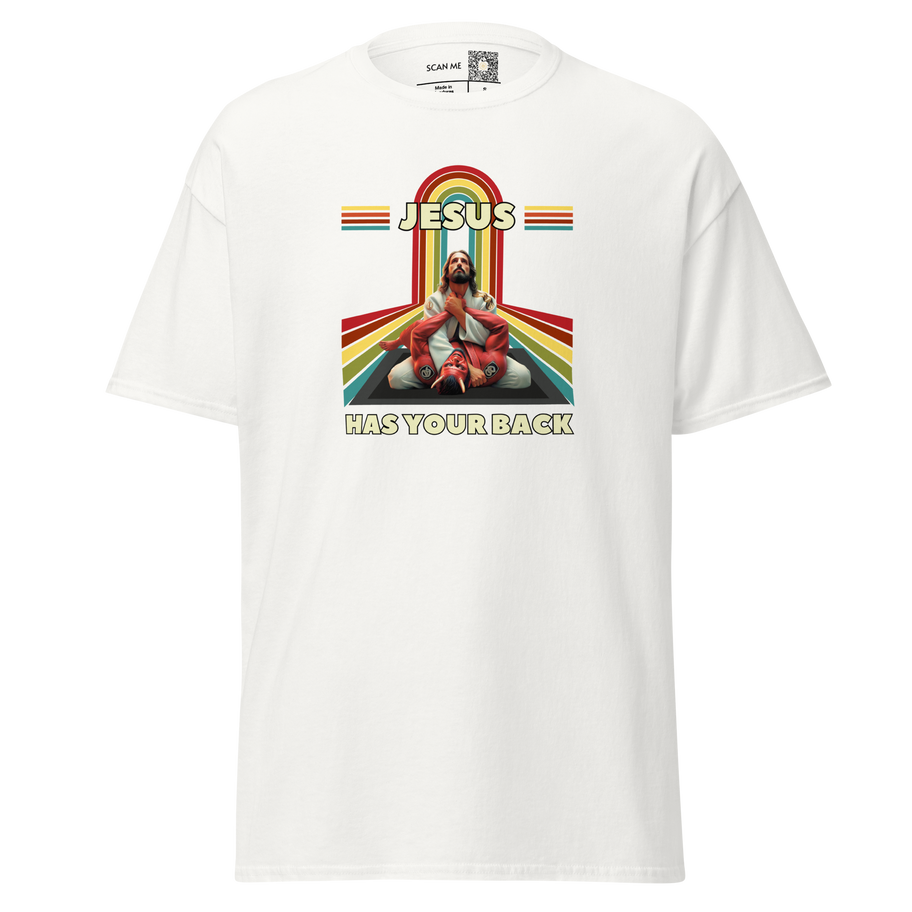 White t-shirt with a "Jesus Has Your Back" design featuring Jesus grappling in a martial arts pose with a 70's backdrop.
