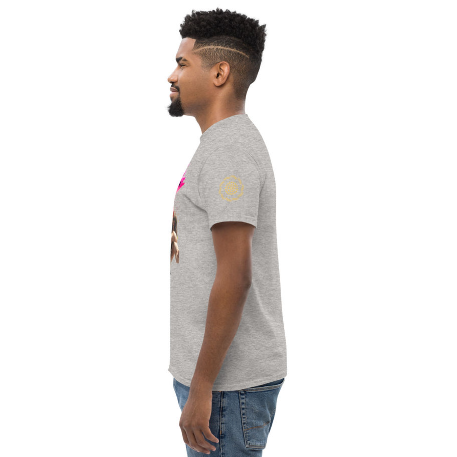 Side view of man in gray T-shirt with colorful Jesus martial arts design and golden wheat emblem on sleeve.