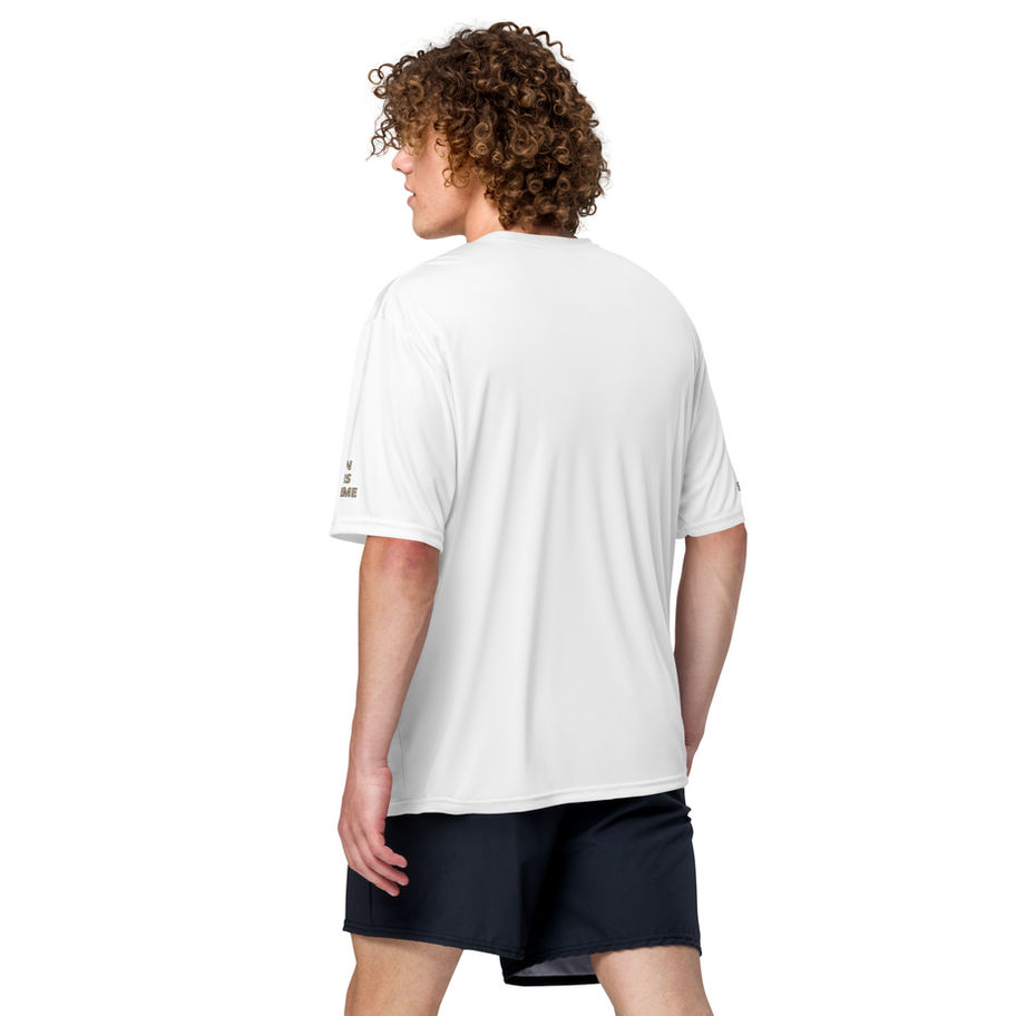 Back view of model wearing white t-shirt, no visible text or design.