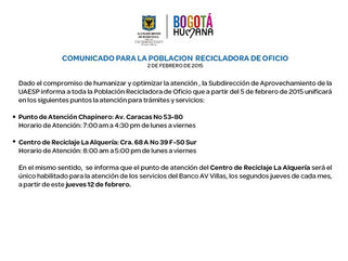 Comunicado a la poblacion recicladora de oficio