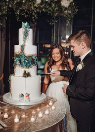 bride and groom cutting wedding cake