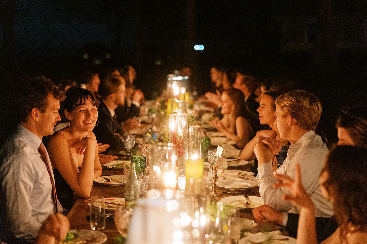 Wedding family style candlelit dinner with